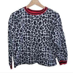 Melloday Faded Distressed Beige Black Leopard Sweatshirt Red Trim Size Small